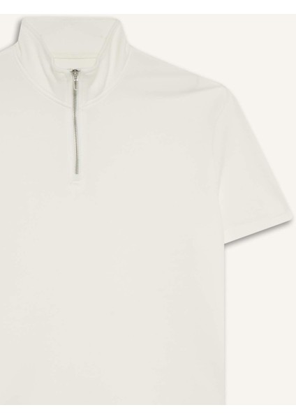 Regular Fit Dik Yaka Yarım Fermuarlı Modal Karışımlı Ağır Kumaş Kısa Kollu Tişört B6502AX25AU