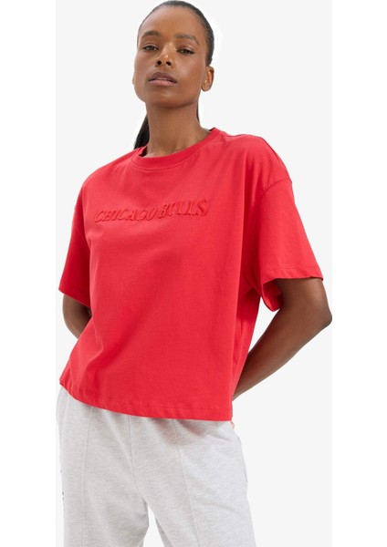 Fit NBA Chicago Bulls Oversize Geniş Kalıp Bisiklet Yaka Nakış Baskı Penye Kısa Kollu Tişört