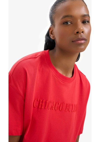 Fit NBA Chicago Bulls Oversize Geniş Kalıp Bisiklet Yaka Nakış Baskı Penye Kısa Kollu Tişört