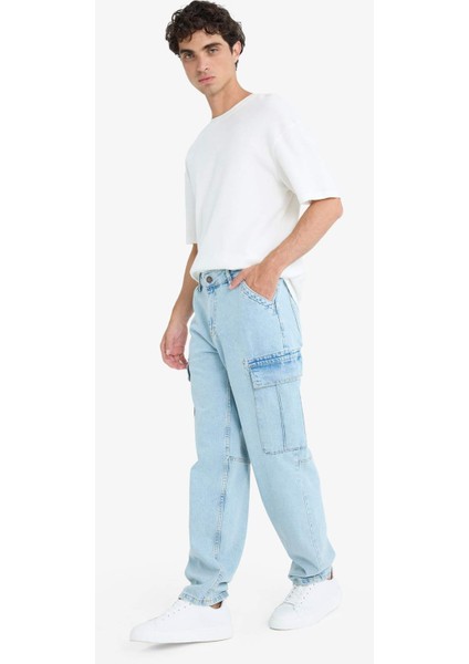 %100 Pamuk Relax Fit Rahat Kesim Düz Paça Kargo Cepli Jean Yıkamalı Pantolon