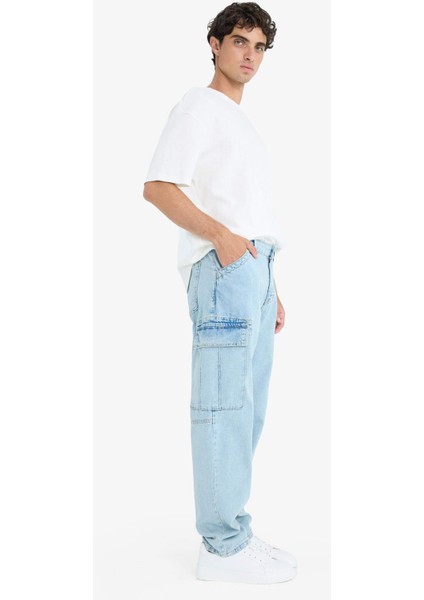 %100 Pamuk Relax Fit Rahat Kesim Düz Paça Kargo Cepli Jean Yıkamalı Pantolon