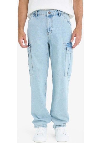 %100 Pamuk Relax Fit Rahat Kesim Düz Paça Kargo Cepli Jean Yıkamalı Pantolon