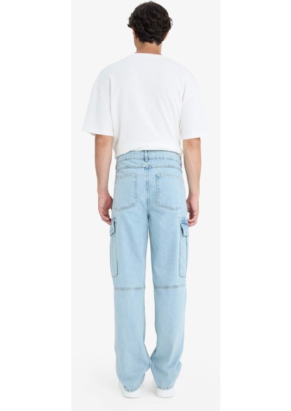 %100 Pamuk Relax Fit Rahat Kesim Düz Paça Kargo Cepli Jean Yıkamalı Pantolon