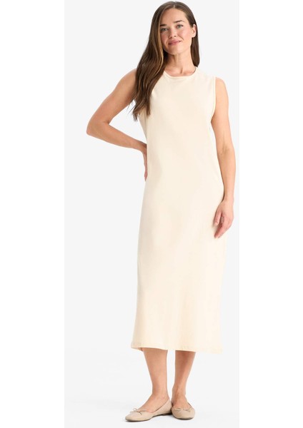 Regular Fit Bisiklet Yaka Basic Düz Penye Kolsuz Midi Elbise C9686AX25SM