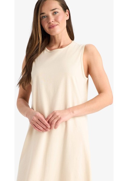 Regular Fit Bisiklet Yaka Basic Düz Penye Kolsuz Midi Elbise C9686AX25SM