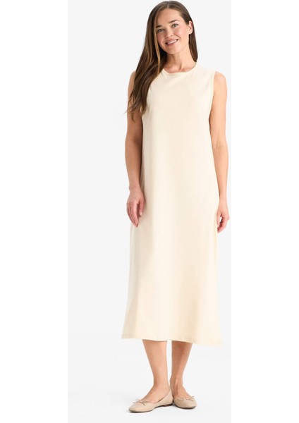 Regular Fit Bisiklet Yaka Basic Düz Penye Kolsuz Midi Elbise C9686AX25SM