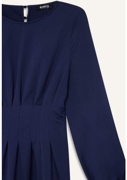 Regular Fit Bisiklet Yaka Uzun Kollu Maxi Elbise