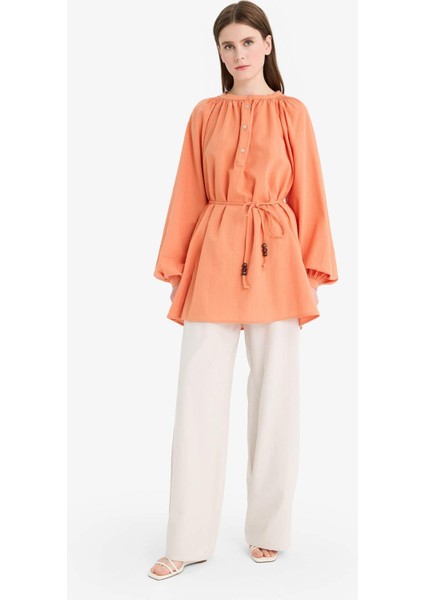 Müslin Basic Düz Bağcıklı Uzun Kollu Tunik D4396AX25SM