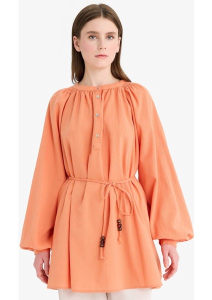 Müslin Basic Düz Bağcıklı Uzun Kollu Tunik D4396AX25SM