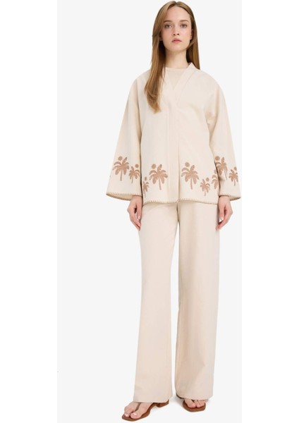 Keten Karışımlı Wide Leg Geniş Paça Flamlı Pantolon