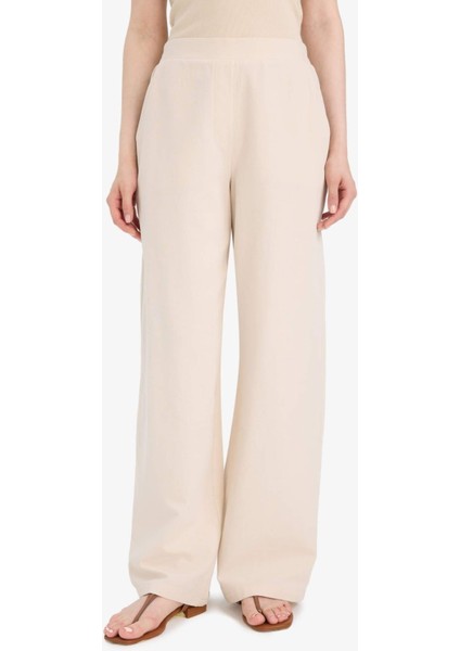 Keten Karışımlı Wide Leg Geniş Paça Flamlı Pantolon