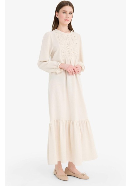 Relax Fit Bisiklet Yaka Keten Karışımlı Uzun Kollu Maxi Elbise F1384AX25SM