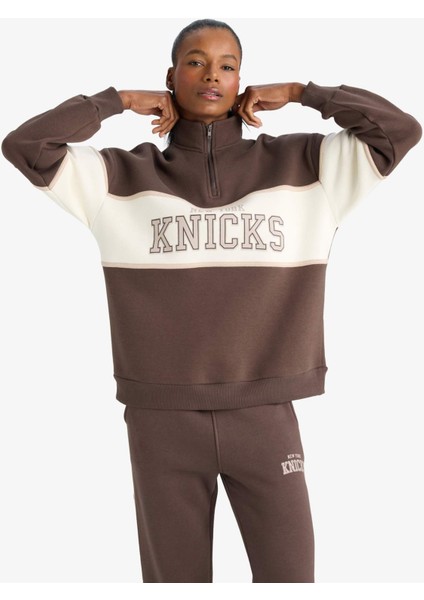 Fit NBA New York Knicks Oversize Geniş Kalıp Yarım Fermuarlı Sporcu Sweatshirt