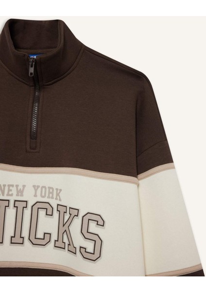 Fit NBA New York Knicks Oversize Geniş Kalıp Yarım Fermuarlı Sporcu Sweatshirt