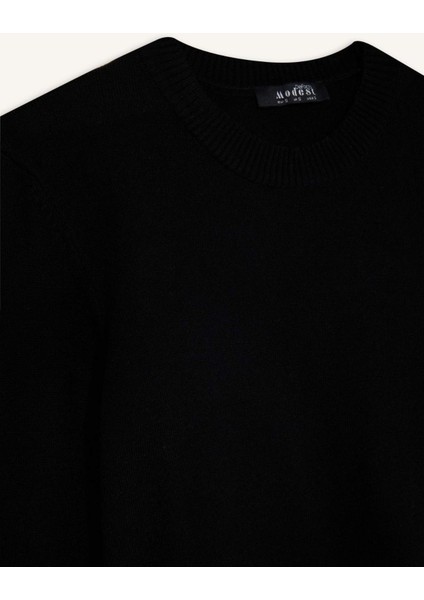 Regular Fit Bisiklet Yaka Yırtmaçlı Basic Düz Triko Kazak Tunik