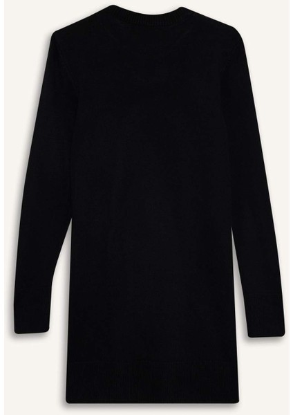 Regular Fit Bisiklet Yaka Yırtmaçlı Basic Düz Triko Kazak Tunik