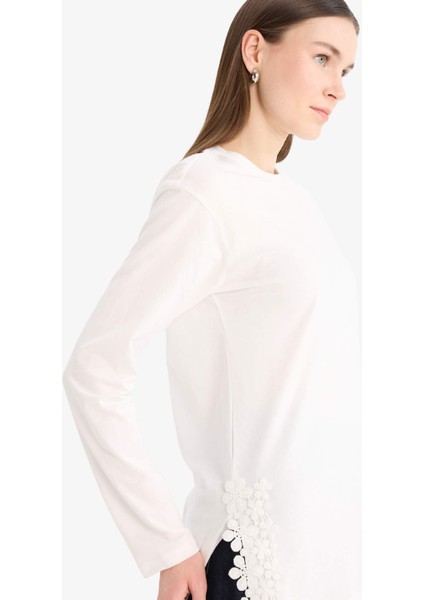 Regular Fit Bisiklet Yaka Dantelli Uzun Kollu Tesettür Tişört Tunik F1812AX25SM