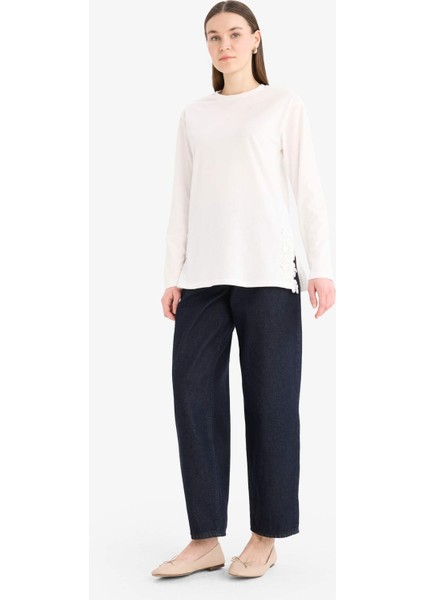 Regular Fit Bisiklet Yaka Dantelli Uzun Kollu Tesettür Tişört Tunik F1812AX25SM