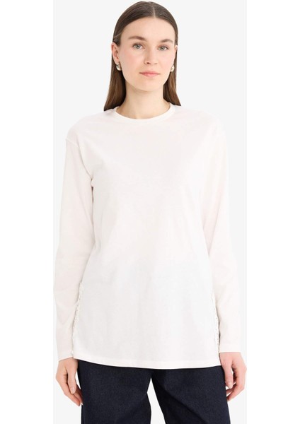 Regular Fit Bisiklet Yaka Dantelli Uzun Kollu Tesettür Tişört Tunik F1812AX25SM