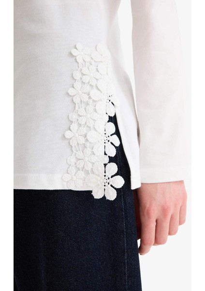 Regular Fit Bisiklet Yaka Dantelli Uzun Kollu Tesettür Tişört Tunik F1812AX25SM