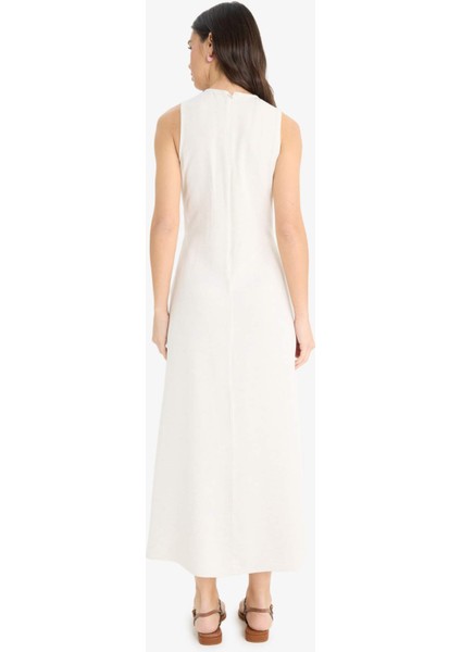 Bisiklet Yaka Cepli Basic Düz Keten Karışımlı Kolsuz Maxi Yazlık Elbise E6022AX25SM