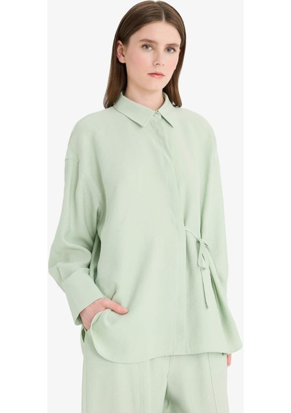 Relax Fit Modal Önden Bağlamalı Uzun Kollu Gömlek Tunik F1358AX25SM