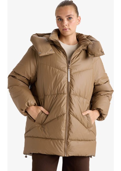 Relax Fit Kapüşonlu Fermuarlı Şişme Parka F2896AX25WN