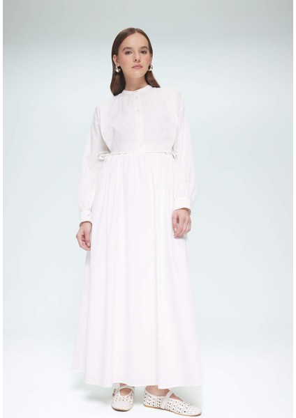 Relax Fit Bisiklet Yaka Kuşaklı Poplin Uzun Kollu Maxi Tesettür Elbise F1382AX25SM