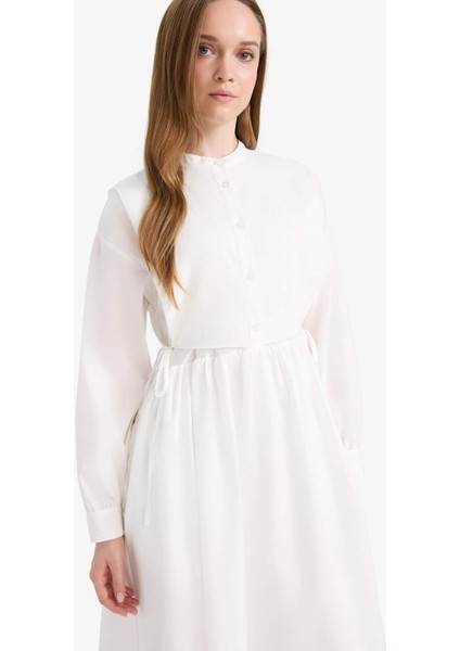 Relax Fit Bisiklet Yaka Kuşaklı Poplin Uzun Kollu Maxi Tesettür Elbise F1382AX25SM