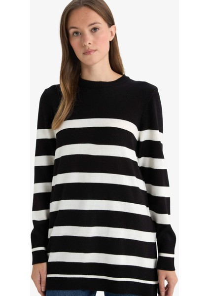 Regular Fit Bisiklet Yaka Çizgili Kazak Tunik