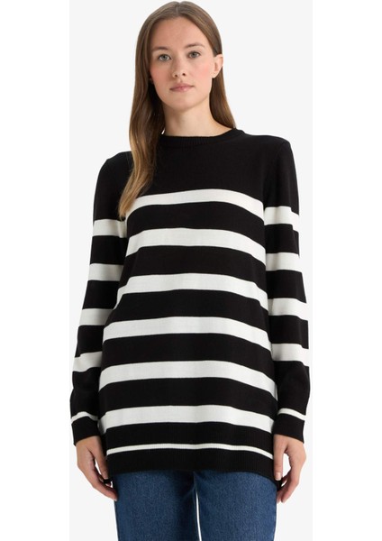 Regular Fit Bisiklet Yaka Çizgili Kazak Tunik