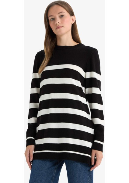 Regular Fit Bisiklet Yaka Çizgili Kazak Tunik