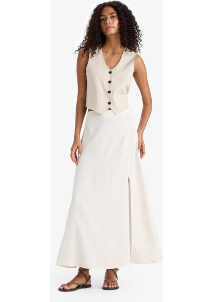 A Kesim Normal Bel Yırtmaçlı Keten Karışımlı Maxi Etek E6024AX25SM