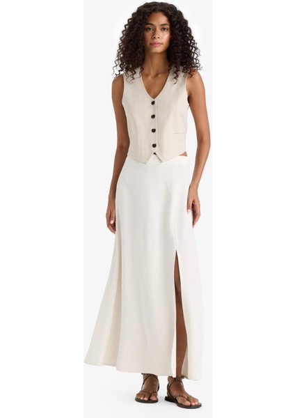 A Kesim Normal Bel Yırtmaçlı Keten Karışımlı Maxi Etek E6024AX25SM