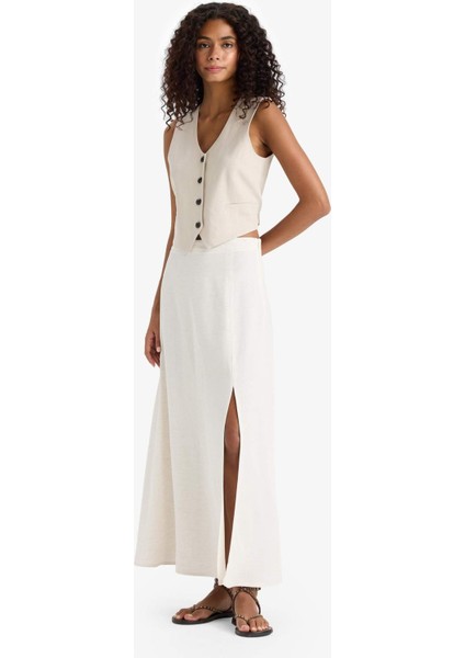 A Kesim Normal Bel Yırtmaçlı Keten Karışımlı Maxi Etek E6024AX25SM