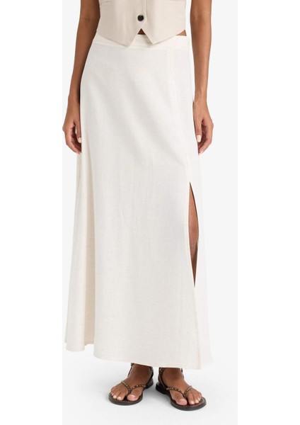 A Kesim Normal Bel Yırtmaçlı Keten Karışımlı Maxi Etek E6024AX25SM