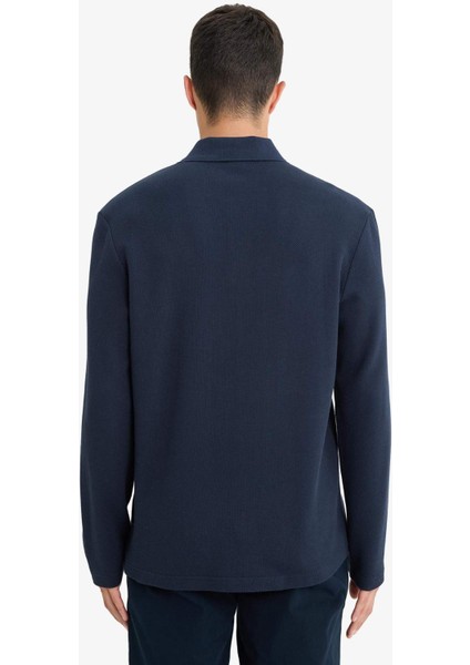 %100 Pamuk Regular Fit Polo Yaka Düğmeli Dokulu Sweatshirt