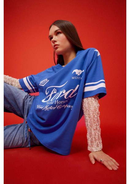 Ford Motor Company Oversize Geniş Kalıp V Yaka Baskılı Kısa Kollu Tişört F2046AX25SM