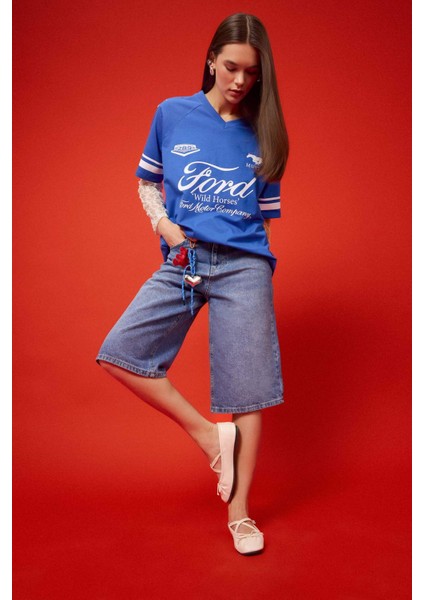 Ford Motor Company Oversize Geniş Kalıp V Yaka Baskılı Kısa Kollu Tişört F2046AX25SM