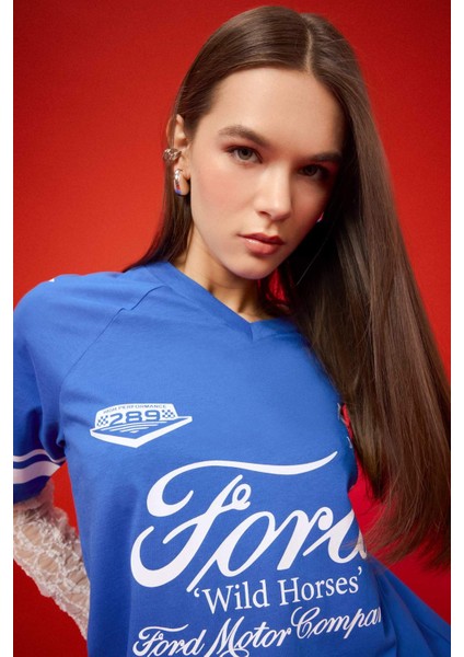 Ford Motor Company Oversize Geniş Kalıp V Yaka Baskılı Kısa Kollu Tişört F2046AX25SM