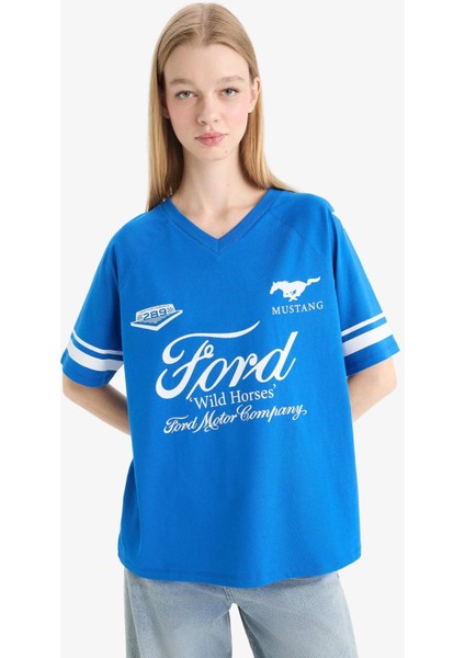 Ford Motor Company Oversize Geniş Kalıp V Yaka Baskılı Kısa Kollu Tişört F2046AX25SM