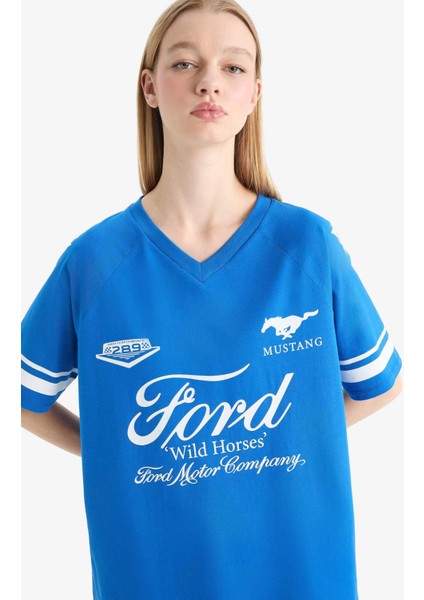 Ford Motor Company Oversize Geniş Kalıp V Yaka Baskılı Kısa Kollu Tişört F2046AX25SM