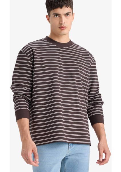 Relax Fit Bisiklet Yaka Çizgili Sweatshirt E9408AX25AU