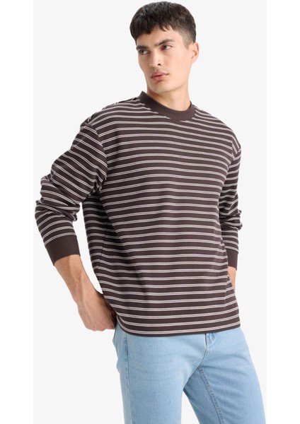 Relax Fit Bisiklet Yaka Çizgili Sweatshirt E9408AX25AU