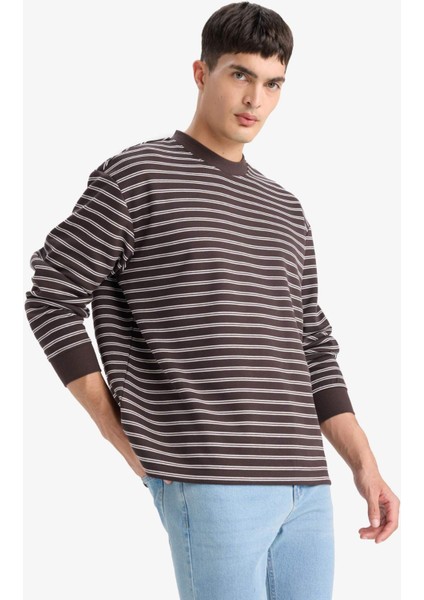 Relax Fit Bisiklet Yaka Çizgili Sweatshirt E9408AX25AU