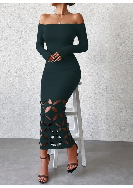 Kadın Madonna Yaka Uzun Kollu Lazer Çiçek Kesim Detaylı Uzun Ithal Krep Elbise fiyatları
