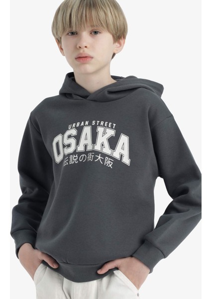 Erkek Çocuk Kapüşonlu İçi Yumuşak Tüylü Baskılı Sweatshirt