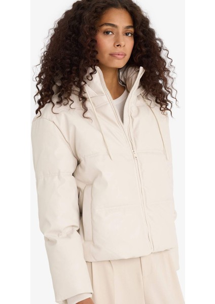 Regular Fit Kapüşonlu Polar Astarlı Suni Deri Mont