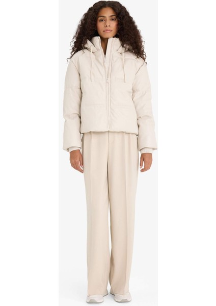 Regular Fit Kapüşonlu Polar Astarlı Suni Deri Mont