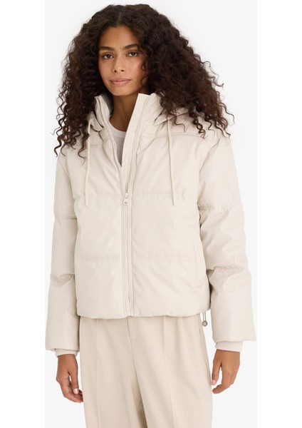 Regular Fit Kapüşonlu Polar Astarlı Suni Deri Mont